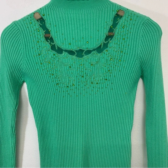 Chao Sheng Cashmere Blend Sweater  Woman Large Green Rib Knit Beads Scallop Neck - Picture 2 of 10